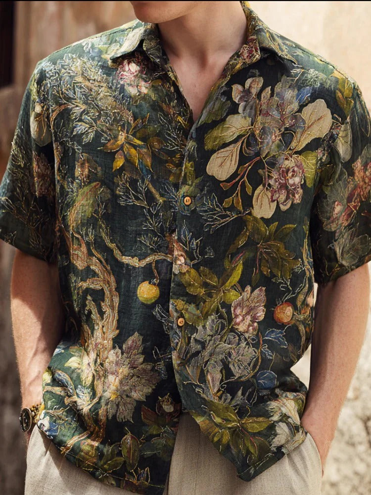 Vintage Botanical Garden Shirt – Dark Floral Linen Style Button-Up – Artistic Nature Summer Shirt S–6XL