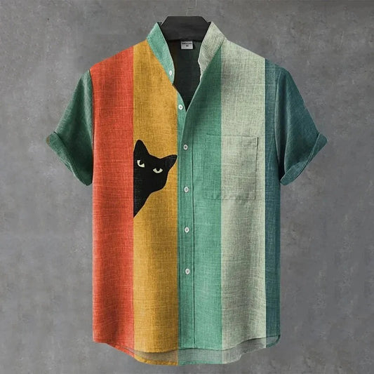Retro Colorblock Cat Shirt – Vintage Striped Linen Style Button-Up – Unisex Casual Summer Shirt S–6XL