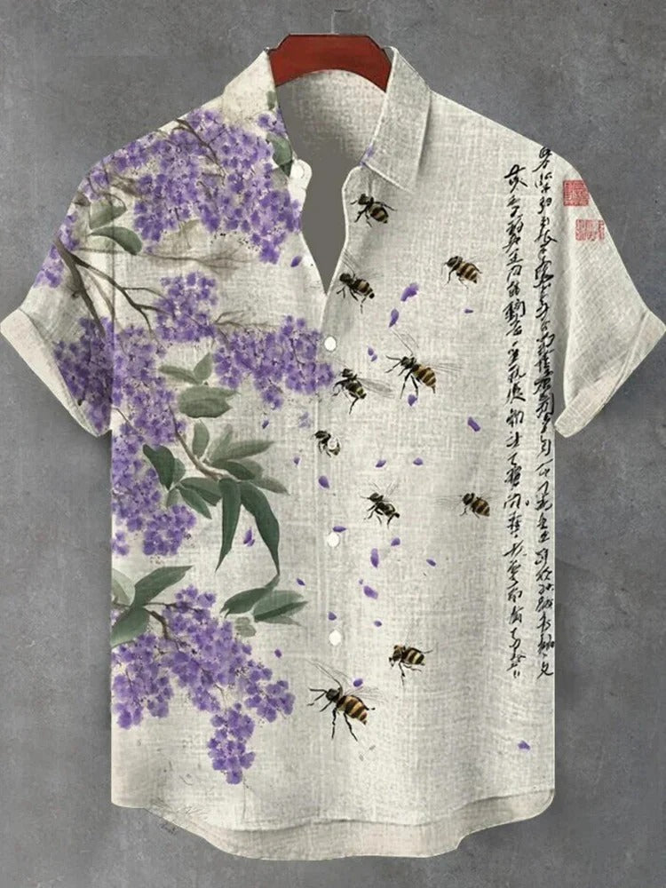 Wisteria Blossom & Bee Art Shirt – Japanese Floral Calligraphy Button-Up – Linen Style Summer Shirt S–6XL