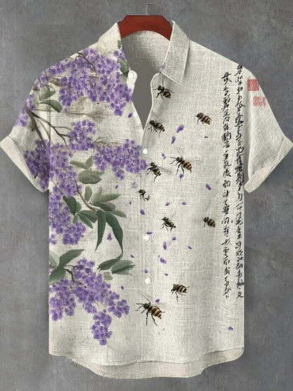 Wisteria Blossom & Bee Art Shirt – Japanese Floral Calligraphy Button-Up – Linen Style Summer Shirt S–6XL