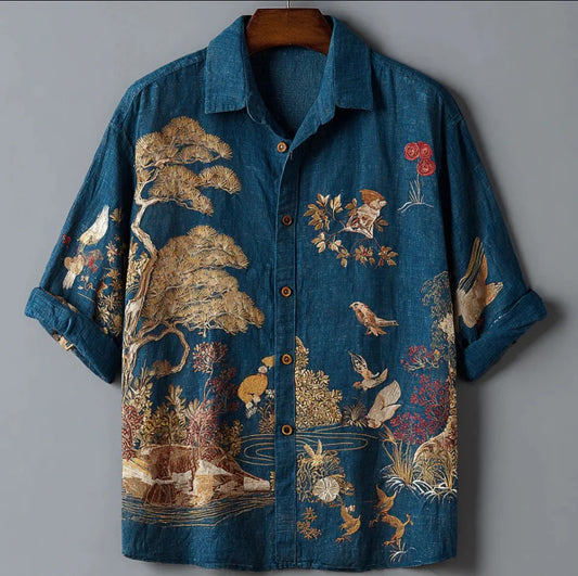 Vintage Japanese Garden Bird Shirt – Blue Artistic Nature Button-Up – Ukiyo-E Inspired Summer Shirt S–6XL