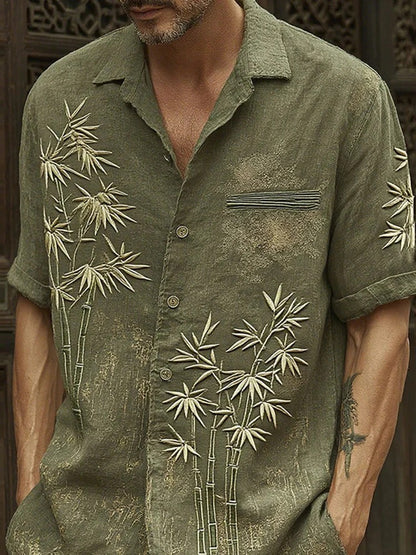 Minimalist Bamboo Embroidered Shirt – Japanese Linen Style Button-Up – Olive Green Summer Shirt S–6XL