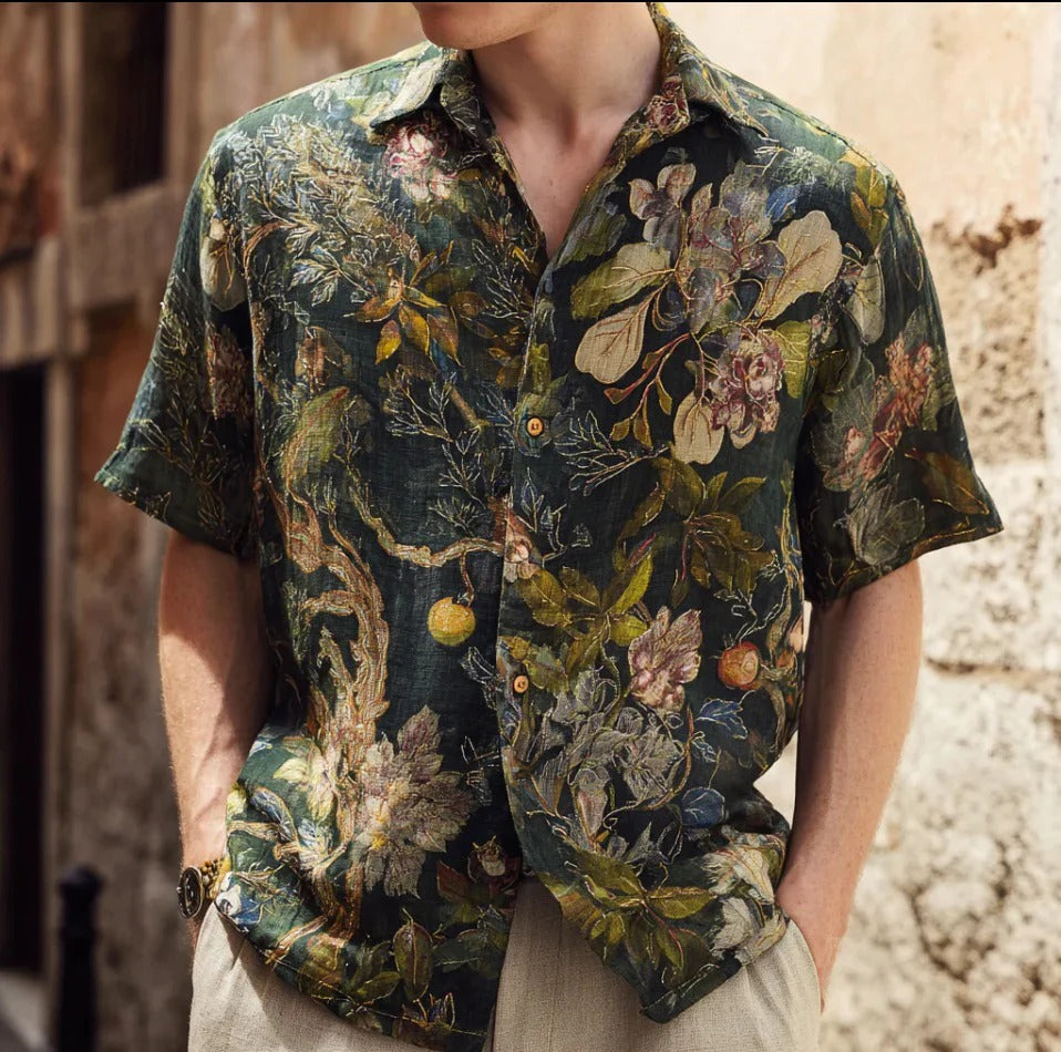Vintage Botanical Garden Shirt – Dark Floral Linen Style Button-Up – Artistic Nature Summer Shirt S–6XL