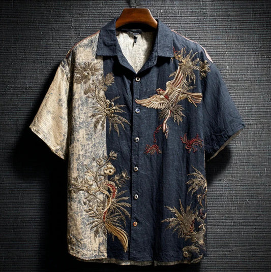 Vintage Phoenix Floral Panel Shirt – Japanese Inspired Crane & Botanical Button-Up – Unisex Relaxed Fit S–6XL