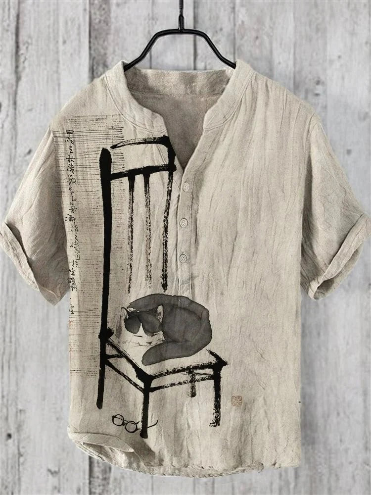 Minimalist Ink Cat Art Shirt – Japanese Sumi-E Linen Style Button-Up – Neutral Aesthetic Summer Shirt S–6XL