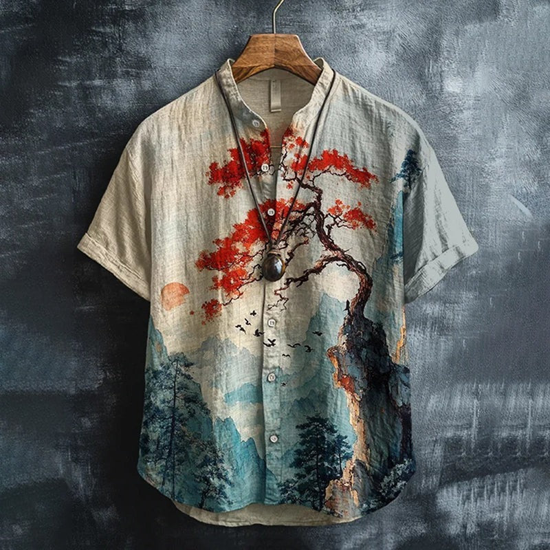 Japanese Red Maple Landscape Art Shirt – Vintage Ink Wash Nature Button-Up – Unisex Relaxed Fit S–6XL