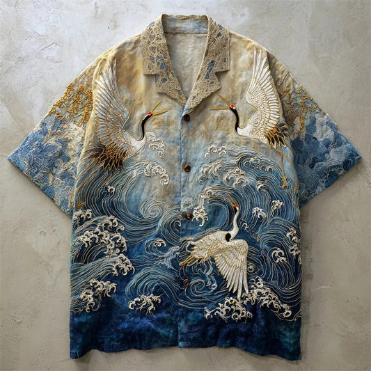 Luxury Crane & Ocean Wave Art Shirt – Gold Embroidered Japanese Style Button-Up – Unisex S–6XL