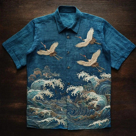 Blue Crane & Ocean Wave Art Shirt – Japanese Ukiyo-E Inspired Button-Up – Unisex Summer Shirt S–6XL