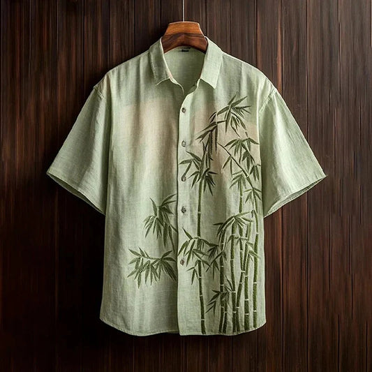 Sage Green Bamboo Art Shirt – Minimalist Japanese Linen Style Button-Up – Unisex Summer Shirt S–6XL