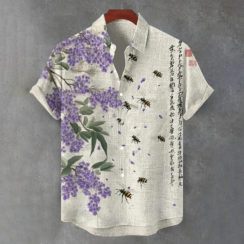 Wisteria Blossom & Bee Art Shirt – Japanese Floral Calligraphy Button-Up – Linen Style Summer Shirt S–6XL