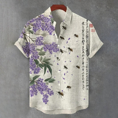 Wisteria Blossom & Bee Art Shirt – Japanese Floral Calligraphy Button-Up – Linen Style Summer Shirt S–6XL