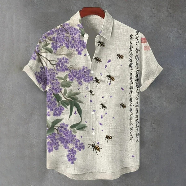 Wisteria Blossom & Bee Art Shirt – Japanese Floral Calligraphy Button-Up – Linen Style Summer Shirt S–6XL