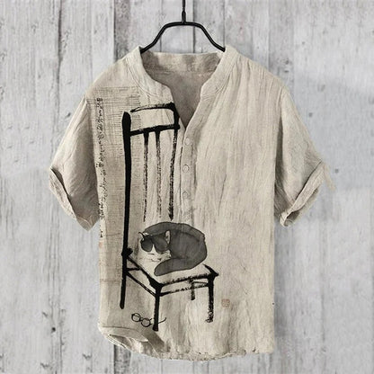 Minimalist Ink Cat Art Shirt – Japanese Sumi-E Linen Style Button-Up – Neutral Aesthetic Summer Shirt S–6XL