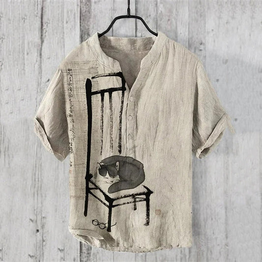 Minimalist Ink Cat Art Shirt – Japanese Sumi-E Linen Style Button-Up – Neutral Aesthetic Summer Shirt S–6XL