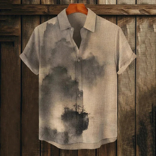 Minimalist Ink Wash Landscape Shirt – Japanese Sumi-E Linen Style Button-Up – Neutral Art Summer Shirt S–6XL