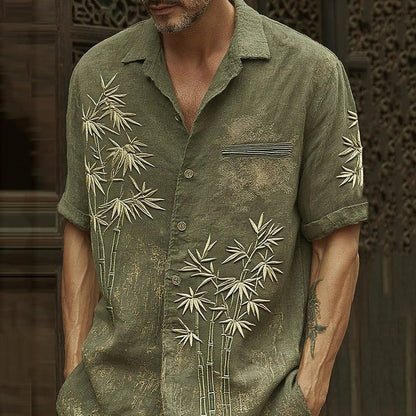 Minimalist Bamboo Embroidered Shirt – Japanese Linen Style Button-Up – Olive Green Summer Shirt S–6XL