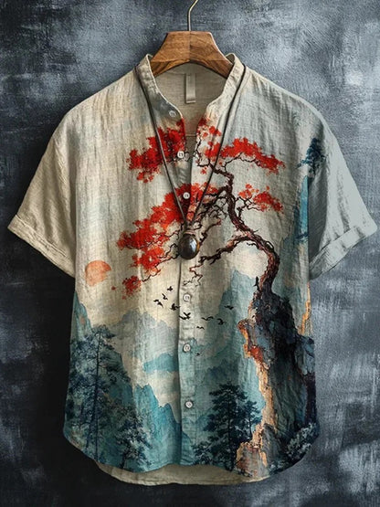 Japanese Red Maple Landscape Art Shirt – Vintage Ink Wash Nature Button-Up – Unisex Relaxed Fit S–6XL
