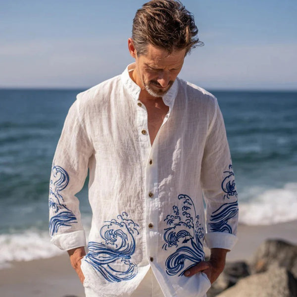 White Coastal Wave Linen Shirt – Japanese Inspired Ocean Art Button-Up – Unisex Long Sleeve S–6XL