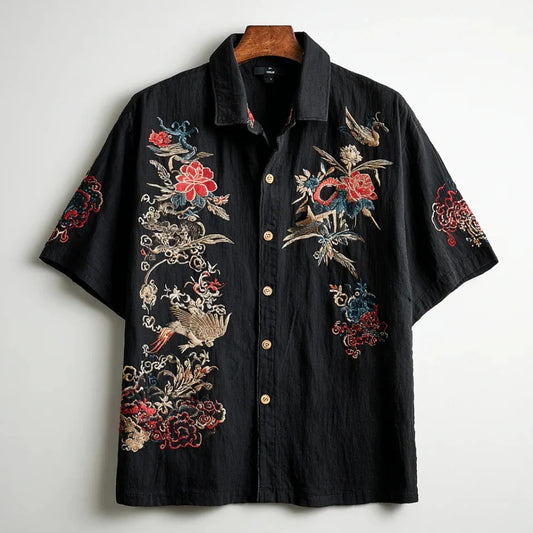 Black Phoenix & Floral Embroidered Shirt – Japanese Vintage Art Button-Up – Unisex Summer Shirt S–6XL