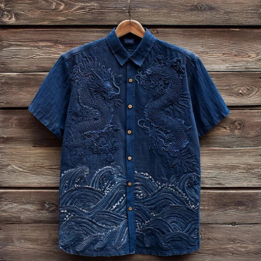 Navy Dragon & Ocean Wave Embroidered Shirt – Japanese Mythology Button-Up – Unisex Linen Style S–6XL