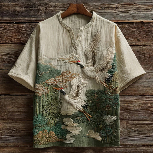 Japanese Crane & Bamboo Embroidered Art Shirt – Vintage Oriental Nature Shirt – Unisex Relaxed Fit S–6XL