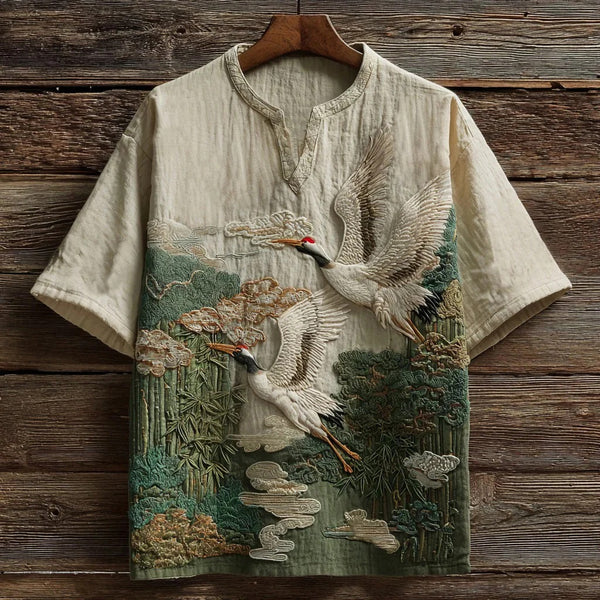 Japanese Crane & Bamboo Embroidered Art Shirt – Vintage Oriental Nature Shirt – Unisex Relaxed Fit S–6XL
