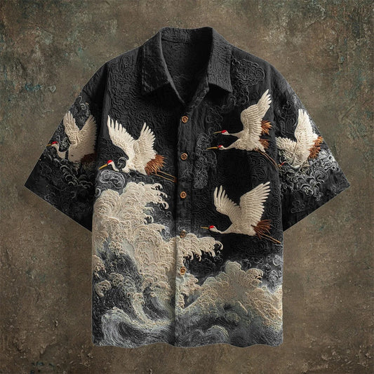 Japanese Crane & Ocean Wave Embroidered Button-Up Shirt – Vintage Ukiyo-E Art Shirt – Unisex Streetwear S–6XL